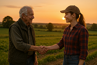 An elderly British farmer shakes hands with a young female farmer at sunset in a rural countryside field. The warm light and rolling green landscape symbolise generational support, agricultural heritage, and investment in family-run farms across the UK.