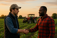 Two British farmers—one Black, one White—shake hands in a green crop field at sunset, with a red tractor in the background. The scene symbolises cooperative farming, land access equality, and resistance to corporate control over agriculture.