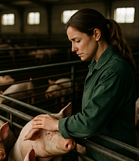 A British veterinarian gently inspects a pig in a clean, spacious indoor farm. The natural lighting and calm atmosphere reflect high animal welfare standards, regular veterinary oversight, and ethical farming practices focused on reducing animal stress.