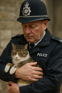 A senior British police officer gently cradles a calm tabby cat in his arms while standing against a neutral stone wall. His protective stance and solemn expression highlight compassion, justice, and a zero-tolerance stance on animal abuse.