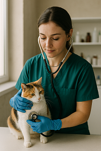 A young British veterinarian in teal scrubs uses a stethoscope to examine a calico cat in a bright, modern clinic. The caring interaction reflects affordable pet care, veterinary accessibility, and compassion in animal healthcare across the UK.