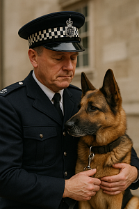 A British police officer in formal uniform stands beside a loyal German Shepherd service dog outside a historic stone building. The respectful bond highlights the importance of recognising and caring for retired service animals in the UK.