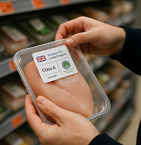 A shopper holds a clearly labelled pack of British chicken breast in a supermarket aisle. The label highlights origin, quality grade, and farm assurance, promoting food transparency and helping consumers make informed, waste-conscious choices.