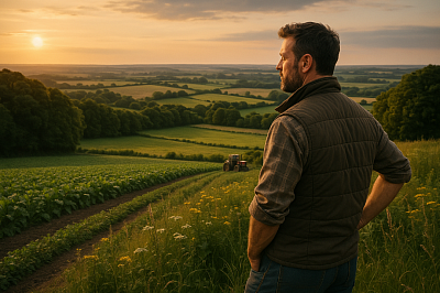 A British farmer stands on a hill at sunset, overlooking a patchwork of green fields, hedgerows, and woodland. A tractor works below, symbolising harmony between agriculture and nature through sustainable land use and farmer-led conservation.