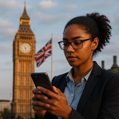 A high-resolution photo of a young British woman using a smartphone in front of Big Ben and a Union Jack flag at sunset. She wears smart business attire and glasses, symbolising modern digital engagement, connectivity, and the UK’s tech-forward future. The image blends tradition with innovation, representing Britain's commitment to closing the digital divide and becoming a global tech leader.