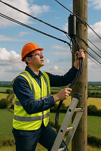 A high-resolution photo of a broadband engineer in a rural UK landscape, wearing high-visibility safety gear and a hard hat while installing or repairing fibre optic or 5G infrastructure on a utility pole. The background features rolling green fields and a dirt path, symbolising efforts to bridge the digital divide and expand internet access to underserved areas.