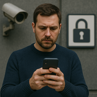A realistic photo of a man in a dark blue sweater intently using a smartphone, standing against a grey wall featuring a visible surveillance camera and a padlock symbol. The image reflects themes of digital rights, privacy, data protection, surveillance awareness, and secure communication in a modern tech environment.