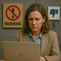 A realistic photo of a concerned middle-aged woman in a beige blazer using a laptop in an office setting. Behind her are warning symbols, including a no-warning sign, a thumbs-down icon, and a legal paragraph symbol, representing content moderation, online accountability, and tech regulation. The image conveys themes of digital platform oversight, harmful content control, and ethical internet governance.