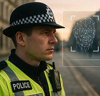 A high-resolution photo of a British police officer in a high-visibility jacket and traditional helmet standing on a city street at sunset. A transparent digital overlay beside him displays a wireframe facial recognition model and justice scales, symbolising the balance between public safety, civil liberties, ethical surveillance, and transparency in digital policing.