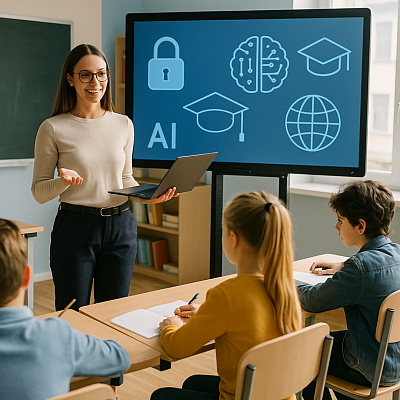 A realistic photo of a modern classroom where a young female teacher stands in front of a digital display screen, holding a laptop and engaging with students. The display shows icons representing cybersecurity, AI, education, and global connectivity. Three attentive schoolchildren sit at wooden desks, highlighting themes of digital literacy, classroom technology, and early education in online safety and critical thinking.