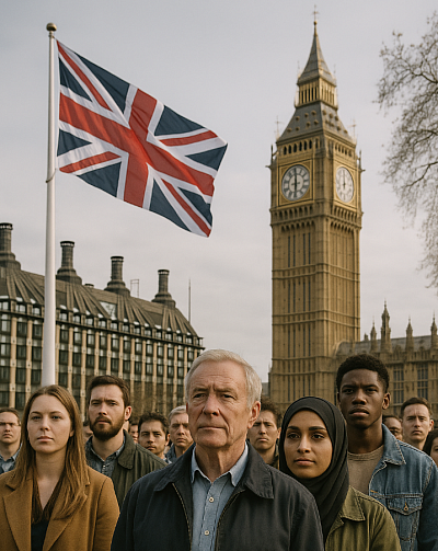 A photograph captures a diverse crowd of United Kingdom citizens standing united in front of the iconic Big Ben and Houses of Parliament. The Union Jack flag waves prominently in the background, symbolising national pride. Individuals of varying ages, ethnicities, and attire—some in traditional dress, others in modern clothing—stand together with solemn expressions, representing a unified and inclusive vision of British identity rooted in history, democracy, and shared values.