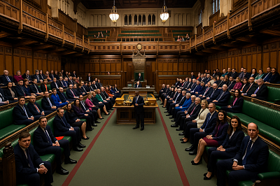 A photograph captures the interior of the House of Commons chamber at the Palace of Westminster during a formal parliamentary session. MPs from diverse backgrounds are seated along the traditional green leather benches, facing each other across the central aisle. The Speaker presides from an ornate chair beneath a historic clock, surrounded by rich wooden paneling and gothic detailing. The scene reflects the heart of Britain’s unwritten constitutional democracy.