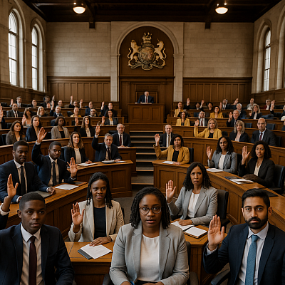 A high-resolution photograph captures a legislative chamber filled with a diverse group of elected officials from various ethnic backgrounds. Seated in semi-circular rows of wooden desks, the legislators actively participate in a vote, many raising their hands. The chamber features arched windows, warm wooden panelling, and a prominent national coat of arms above the Speaker’s chair, symbolising inclusivity and democratic renewal.
