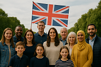 A photograph captures a diverse group of twelve British citizens standing together in a green outdoor setting, united under a prominently displayed Union Jack flag. The group includes men, women, and children of different ethnicities and ages, all smiling and casually dressed, symbolising inclusive civic identity and national unity across the UK’s nations and cultures.