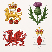 A high-resolution digital illustration displays four national symbols of the United Kingdom: the crowned golden lion of England with red roses, the purple thistle of Scotland, the red dragon of Wales, and the Red Hand of Ulster beneath a crown representing Northern Ireland. Each emblem is rendered with crisp detail and vibrant colours, arranged evenly against a clean white background to symbolise unity and heritage.