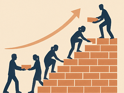 A flat, minimalist digital illustration depicts four silhouetted individuals of varying heights and styles collaboratively building a staircase of bricks upward. Set against a neutral beige background, a smooth upward-curving arrow signifies progress. The figures are shown passing bricks, climbing, and positioning each block, symbolising resilience, teamwork, and inclusive economic growth.