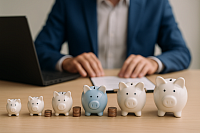 A high-resolution photograph captures five piggy banks of varying sizes arranged in a row on a wooden desk, each accompanied by neatly stacked coins. In the background, a person in a blue suit works at a laptop, creating a professional atmosphere that highlights themes of financial efficiency, budget management, and strategic local empowerment.