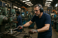 A photograph captures a light-skinned worker in a blue polo shirt operating an industrial milling machine inside a large British manufacturing facility. He wears protective earmuffs, safety glasses, and gloves, focusing intently on the spinning metal part. In the background, another technician of African descent manages a CNC machine, with advanced machinery, solar panels, and an orange robotic arm visible—symbolising modern British industry, skilled labour, and investment in technology and vocational training.