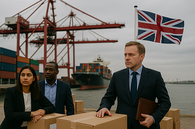 A photograph captures three British professionals standing at a busy shipping port under grey skies. A Caucasian man in a navy suit holds a leather portfolio while a South Asian woman and a Black man, both in business attire, stand beside cardboard boxes. Behind them, a cargo ship is docked with stacked containers, a red gantry crane lifts freight, and the Union Jack flag waves prominently—symbolising British trade, diversity, and national economic interests.