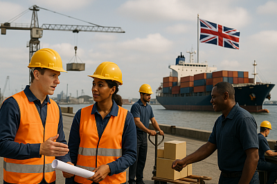 A photograph captures four ethnically diverse British workers collaborating at a busy industrial dock. Two workers in orange safety vests and yellow helmets discuss blueprints, while a third moves boxes on a trolley and a fourth offers a handshake. Behind them, a large cargo ship bearing stacked containers and a prominently waving Union Jack flag highlights Britain’s export economy. Towering cranes and a calm sky set the backdrop, symbolising national productivity, trade, and teamwork.
