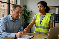 A photograph captures an office meeting between a male manager and a female worker. The woman, wearing a high-visibility safety vest, stands with a serious expression while extending her hand toward the seated man, who is signing official documents at a desk. The setting includes large windows, indoor plants, and office shelves, symbolising a formal agreement on workers' rights, fair contracts, and improved employment protections.