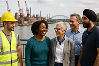 A high-resolution photograph showing a diverse group of five people—men and women of different ages and ethnic backgrounds—standing together on a riverside promenade. Behind them, an industrial British cityscape features cranes, smokestacks, and a large arched bridge. One man wears a yellow construction helmet and high-visibility vest, symbolising industry. The group is smiling and engaging with one another, representing unity, empowerment, and community.