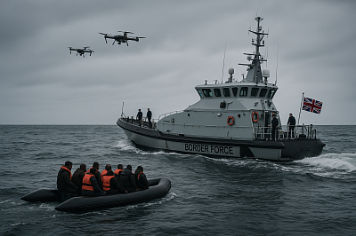 Realistic image of a UK Border Force patrol boat intercepting a small migrant dinghy in the English Channel. Overhead, two surveillance drones monitor the scene under a grey, overcast sky. The sea is dark and choppy, and a Union Jack flag flies from the patrol vessel, symbolising British maritime border enforcement and coastal security.