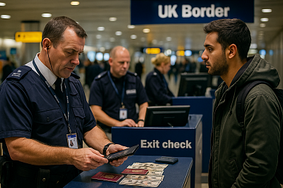 Photograph of a UK border control officer conducting an exit check at an airport terminal. The officer reviews travel documents using a tablet, while a serious-faced traveller waits across the desk. Multiple passports, currency, and a scanner are visible on the counter. The background shows other officers and signage marked 