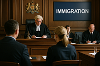 Photograph of a British immigration court session inside a wood-panelled courtroom. A judge in traditional legal robes sits at the bench, focused on paperwork, with a large “IMMIGRATION” sign behind. Legal clerks and staff are present, and individuals in formal attire appear before the court. The setting is realistic and formal, capturing the seriousness of legal proceedings.