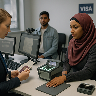 Photograph of a biometric visa application centre showing a female applicant placing her hand on a fingerprint scanner. A visa officer sits opposite, reviewing documents beside digital verification monitors. Another applicant waits in the background. The environment is bright, professional, and equipped with biometric technology and ID verification tools.