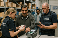 Photograph of Immigration Enforcement officers conducting a workplace document check inside a UK warehouse. A middle-aged worker places his hand on a biometric scanner while officers review his passport and enter data on a tablet. The environment is calm and professional, with shelving, boxes, and other workers in the background, creating a realistic enforcement scenario.
