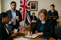 Photograph of a UK citizenship ceremony taking place in a formal government office. Diverse applicants are seated and standing, holding Union Jack flags and identification documents, while a government official oversees paperwork at a desk. The tone is calm and administrative, with no overt celebration, and British flags and framed portraits are visible in the background.