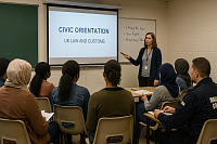 Photograph of a civic orientation class in session with diverse adult learners seated in a community classroom. A female instructor stands at the front, pointing to a projector slide about UK laws and customs, while a whiteboard lists key topics such as 