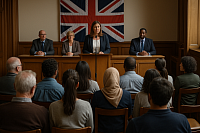 Photograph of a British town hall community meeting with local officials seated behind a wooden dais, and a diverse audience of men and women listening attentively. A female speaker addresses the room from a podium, with the Union Jack flag displayed in the background. The setting is formal, inclusive, and focused on public engagement regarding local services.