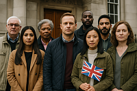Photograph of a group of eight ethnically diverse British citizens standing together outside a neoclassical town hall building. The group includes individuals of White, Black, Asian, and mixed heritage, all facing forward with calm, unified expressions. A Union Jack flag is held by one individual, and the stone facade of the building adds a civic, British backdrop to the scene.